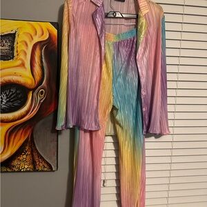 Dressed in LALA Rainbow Pleated Pantsuit soft double layered dress pajamas silk